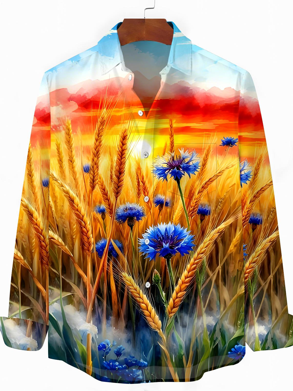 Wheat Floral Men's Pocket Long Sleeve Shirts