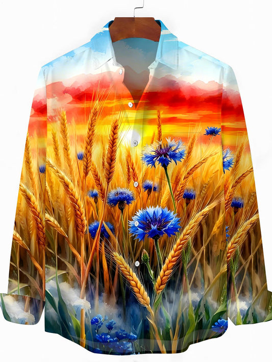 Wheat Floral Men's Pocket Long Sleeve Shirts