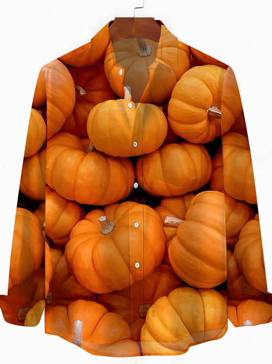Pumpkin Print Men's Pocket Long Sleeve Shirts