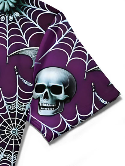 Skull Bat Spider Web Print Men's Pocket Short Sleeve Shirts