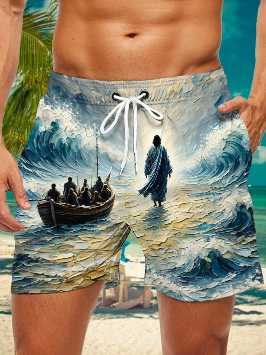Jesus Oil Painting Art Print Men's Print Pocket Shorts