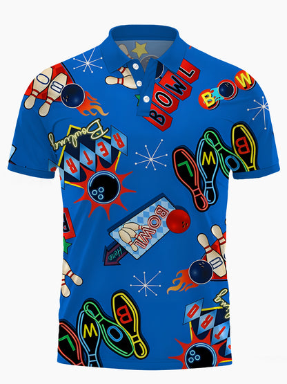 Bowling Print Men's Short Sleeve Button Polo Shirt