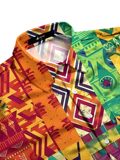 Vintage Geometric Print Men's Pocket Short Sleeve Shirts