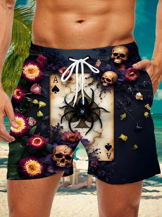 Dark Skull Spider Poker Floral Men's Print Pocket Shorts