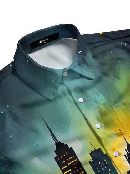 City Night Landscape Print Men's Pocket Short Sleeve Shirts