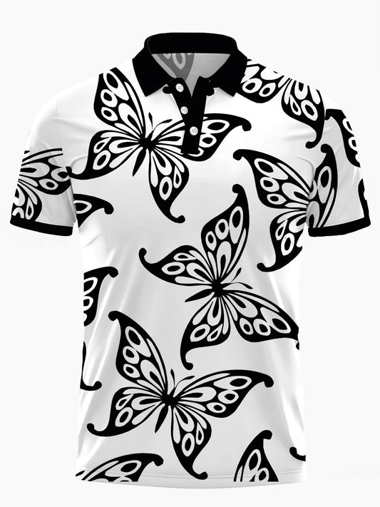 Butterfly Print Men's Short Sleeve Button Polo Shirt