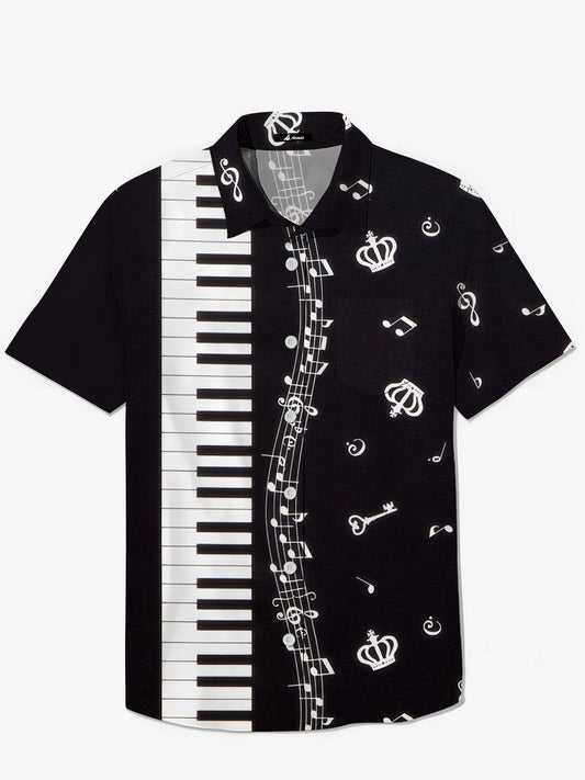 Musical Note Piano Print Men's Pocket Short Sleeve Shirts