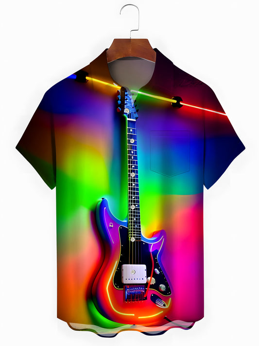 Guitar Print Men's Pocket Short Sleeve Shirts