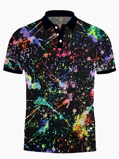 Ink Splash Print Men's Short Sleeve Button Polo Shirt