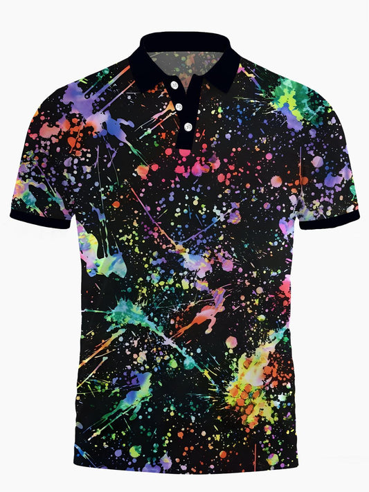 Ink Splash Print Men's Short Sleeve Button Polo Shirt