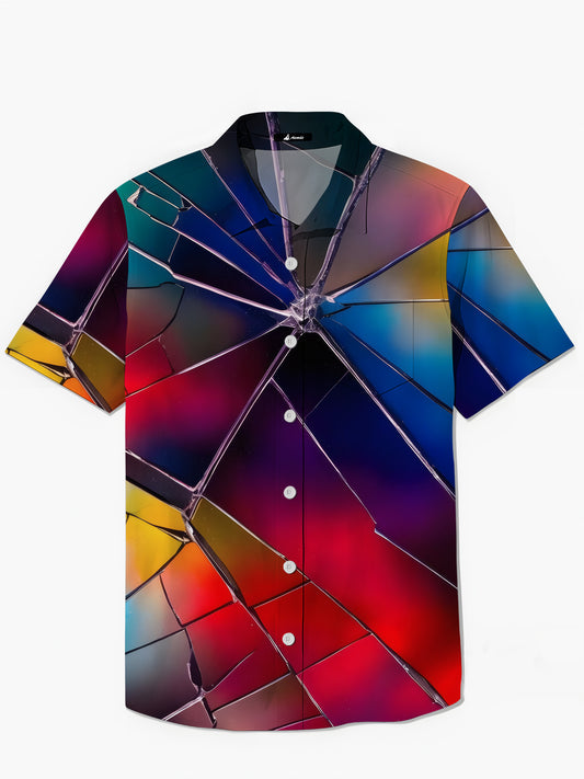 Gradient Broken Glass Print Men's Pocket Short Sleeve Shirts