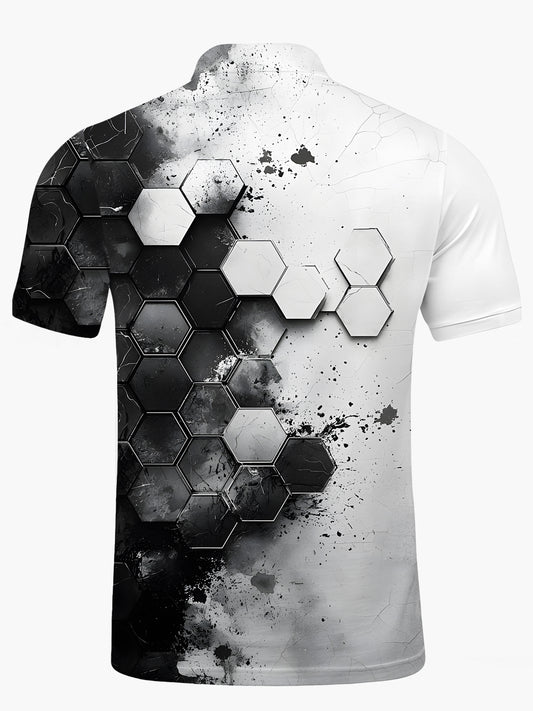 Black White Gradient Geometric Print Men's Short Sleeve Button Polo Shirt
