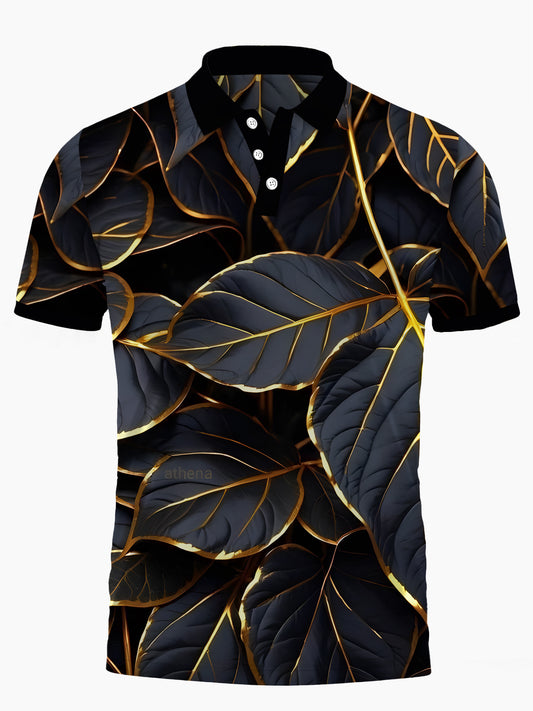 Leaf Print Men's Short Sleeve Button Polo Shirt