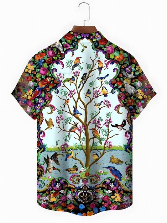 Floral Bird Men's Pocket Short Sleeve Shirts