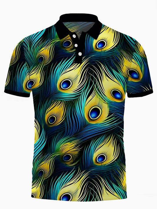 Peacock Feather Print Men's Short Sleeve Button Polo Shirt
