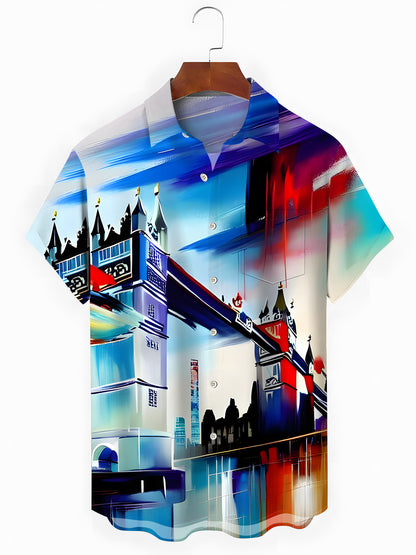 London Painting Art Print Men's Pocket Short Sleeve Shirts