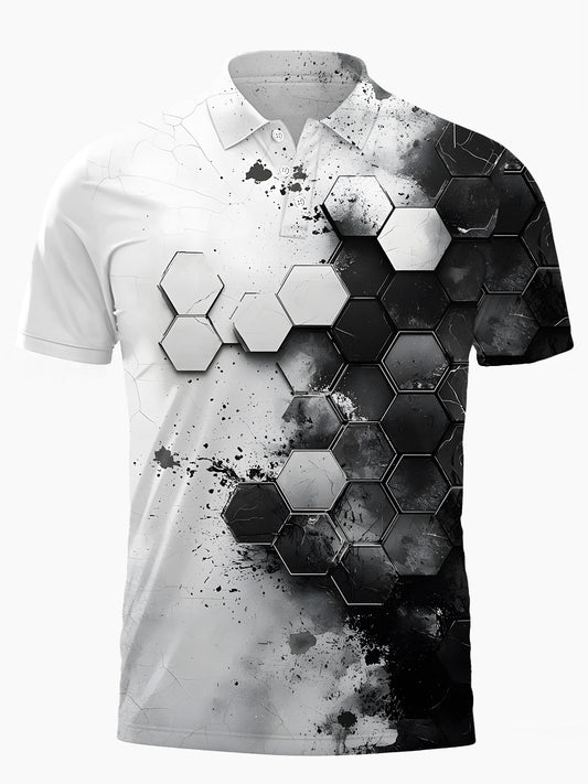 Black White Gradient Geometric Print Men's Short Sleeve Button Polo Shirt