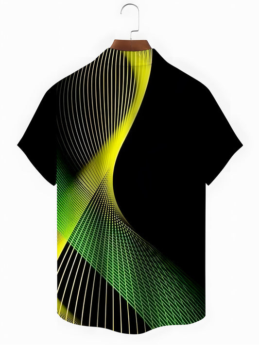 Geometric Gradient Line Print Men's Pocket Short Sleeve Shirts