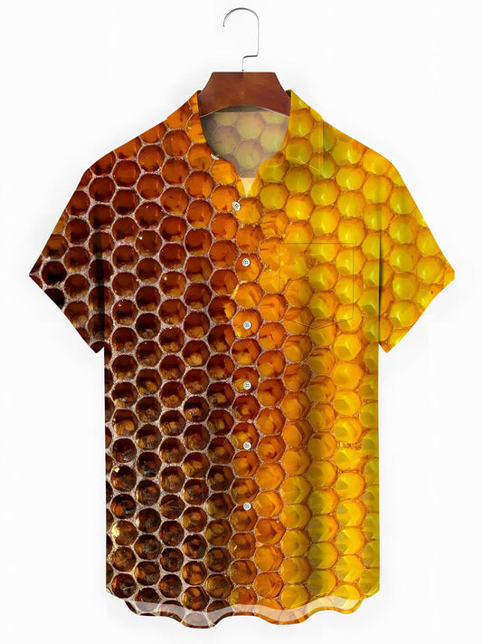 Honeycomb Print Men's Pocket Short Sleeve Shirts