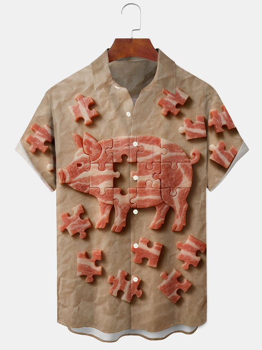 Pork Print Men's Pocket Short Sleeve Shirts