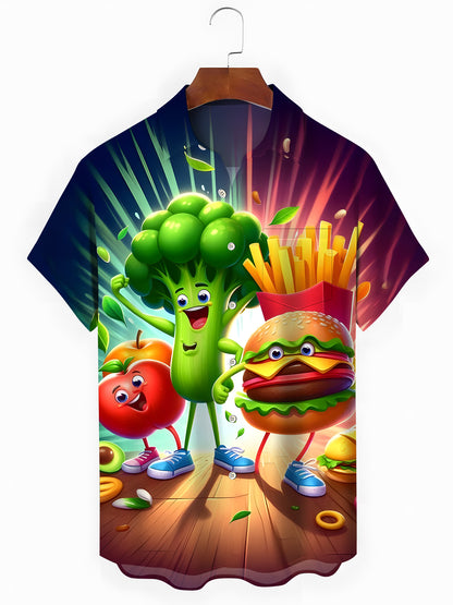 Funny Veggie Burger Print Men's Pocket Short Sleeve Shirts