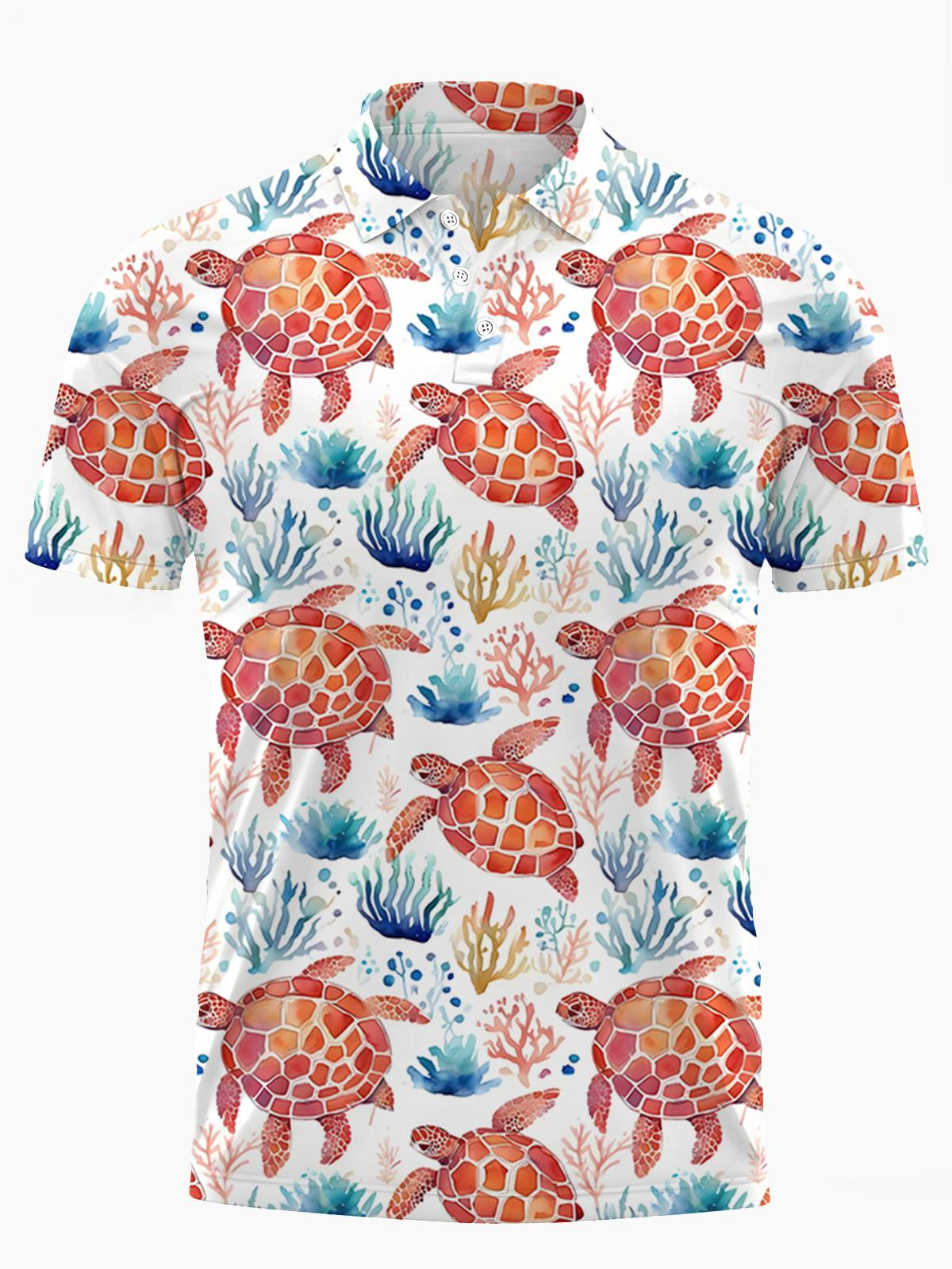 Turtle Print Men's Short Sleeve Button Polo Shirt