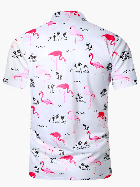 Hawaiian Coconut Tree Flamingo Men's Short Sleeve Button Polo Shirt