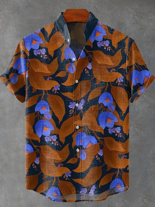 Floral Print Men's Pocket Short Sleeve Stand Collar Shirts