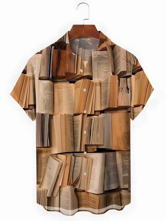 Book Print Men's Pocket Short Sleeve Shirts