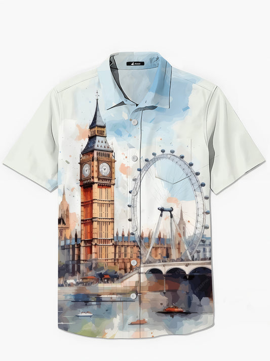 Big Ben London Eye Watercolor Print Men's Pocket Short Sleeve Shirts