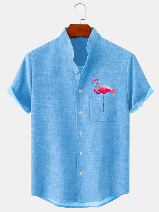 Flamingo Men's Pocket Short Sleeve Stand Collar Shirts