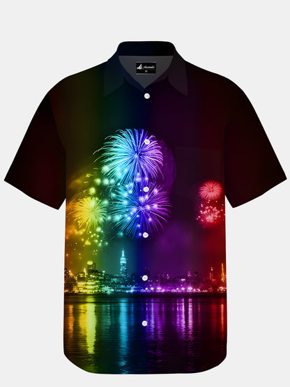 Rainbow Fireworks Print Men's Pocket Short Sleeve Shirts