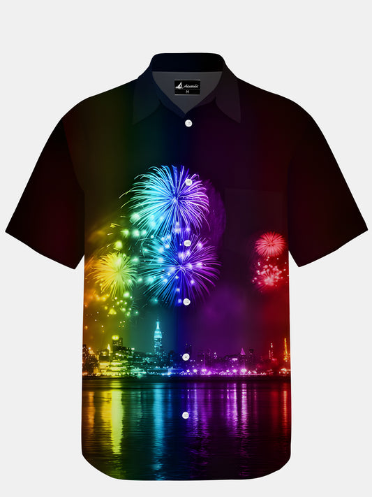 Rainbow Fireworks Print Men's Pocket Short Sleeve Shirts