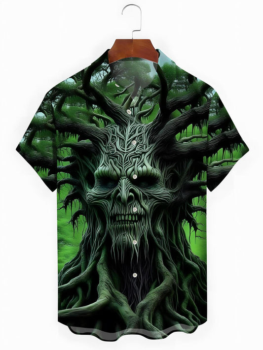 Skull Tree Print Men's Pocket Short Sleeve Shirts