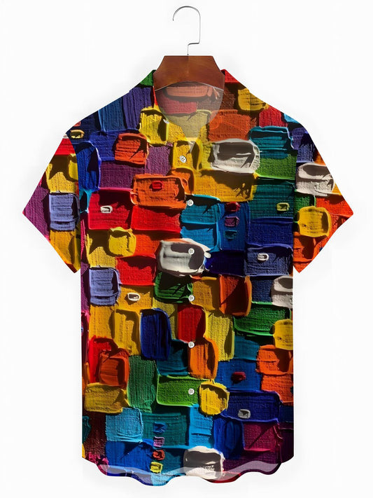 Color Block Print Men's Pocket Short Sleeve Shirts