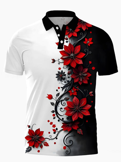 Floral Men's Short Sleeve Button Polo Shirt