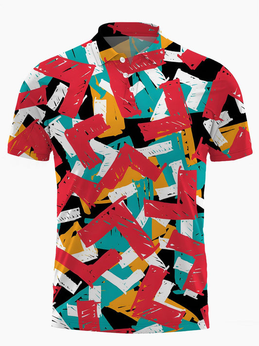 Geometric Print Men's Short Sleeve Button Polo Shirt
