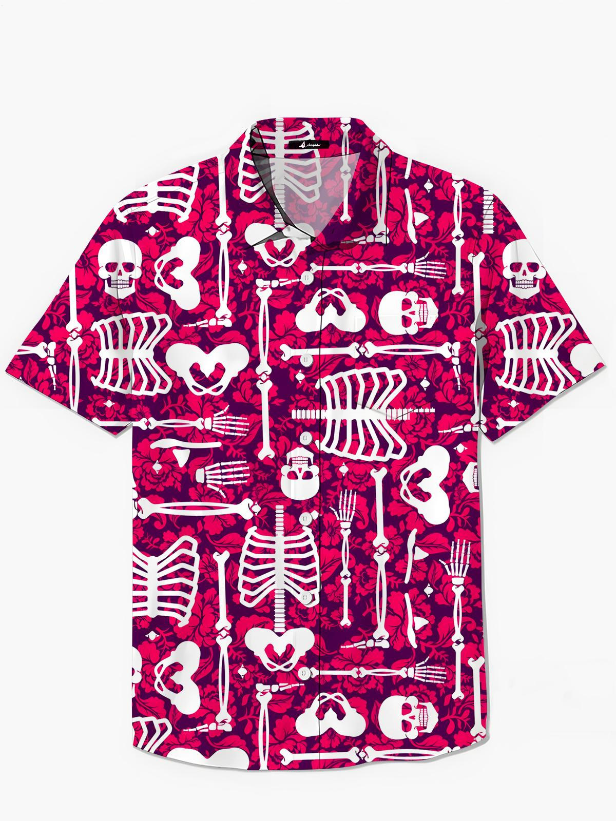 Skull Floral Men's Pocket Short Sleeve Shirts