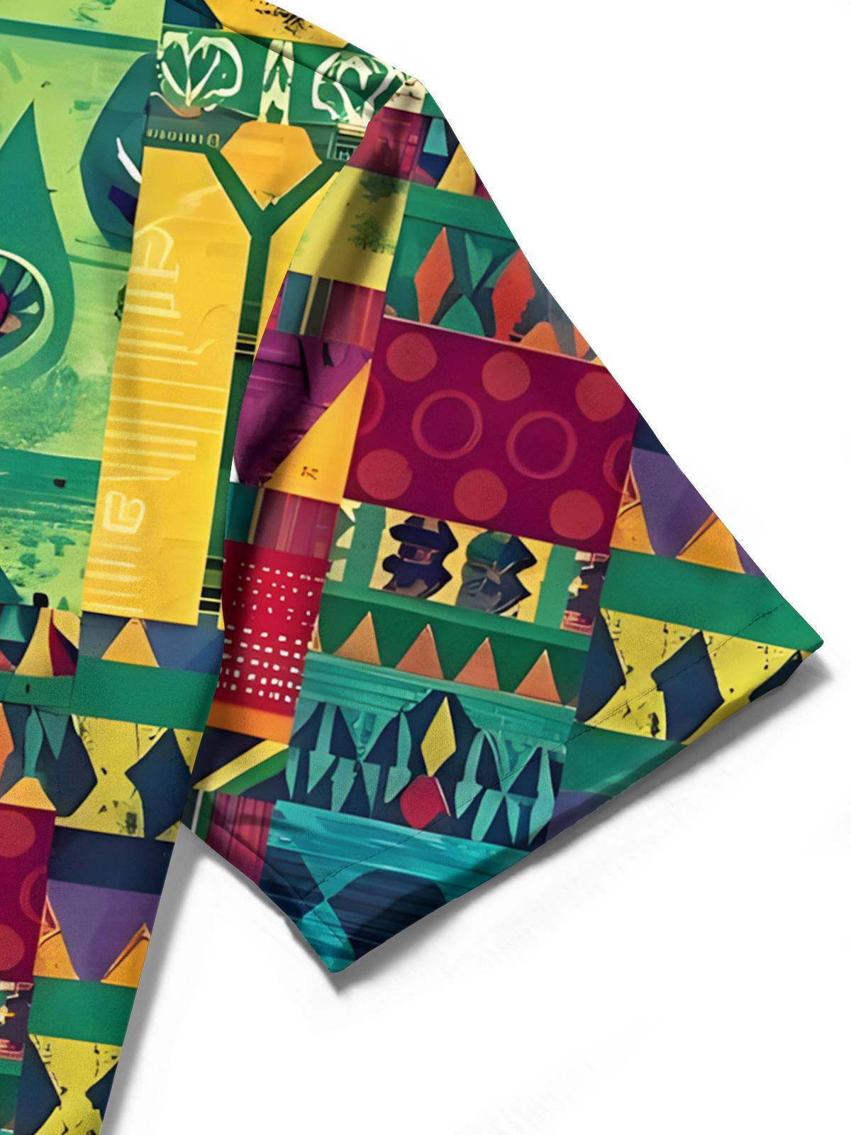 Vintage Geometric Print Men's Pocket Short Sleeve Shirts