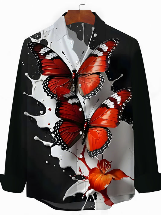 Butterfly Print Men's Pocket Long Sleeve Shirts