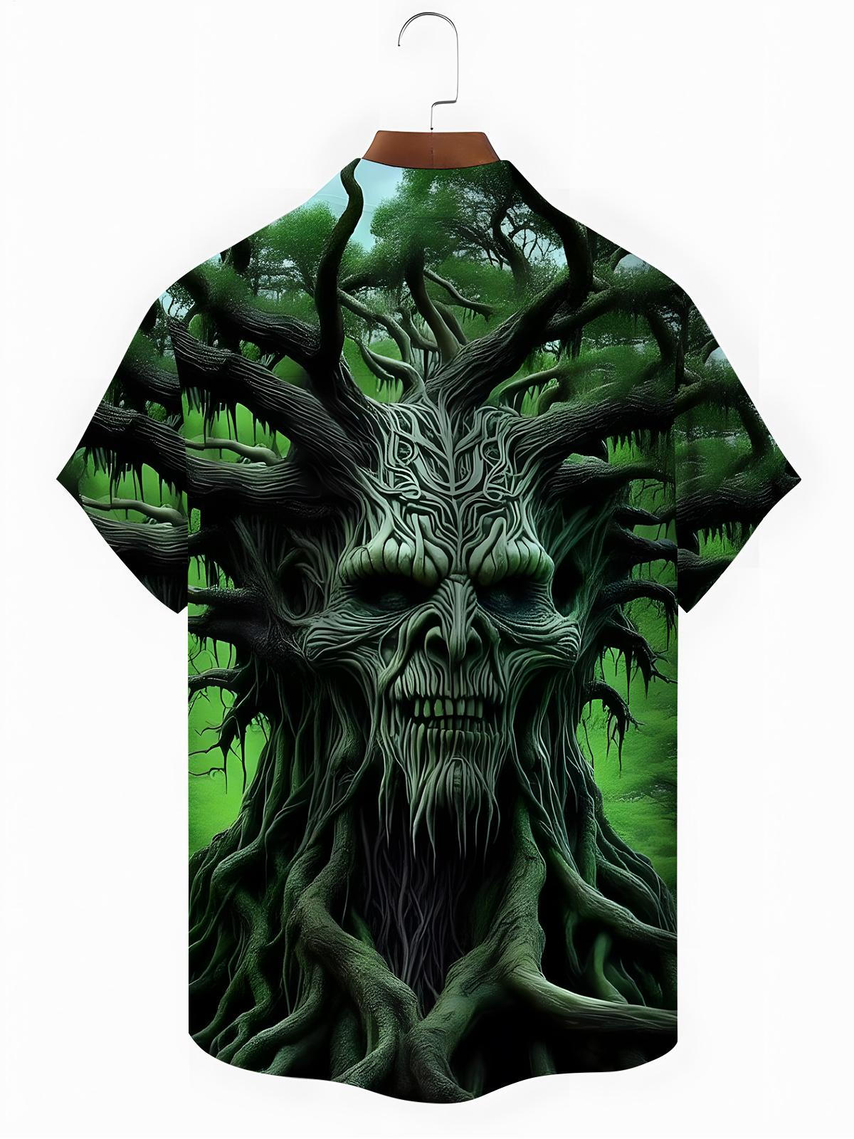 Skull Tree Print Men's Pocket Short Sleeve Shirts