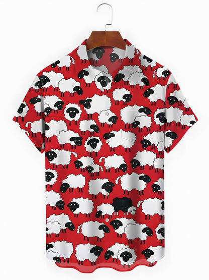 Funny Sheep Print Men's Pocket Short Sleeve Shirts