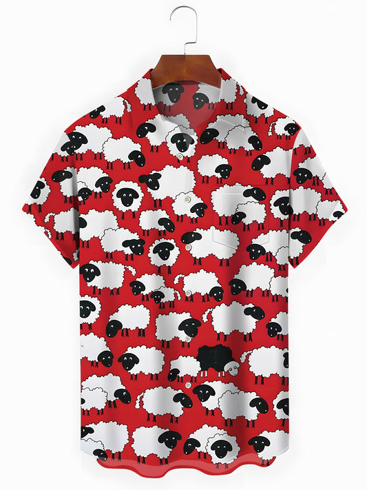 Funny Sheep Print Men's Pocket Short Sleeve Shirts
