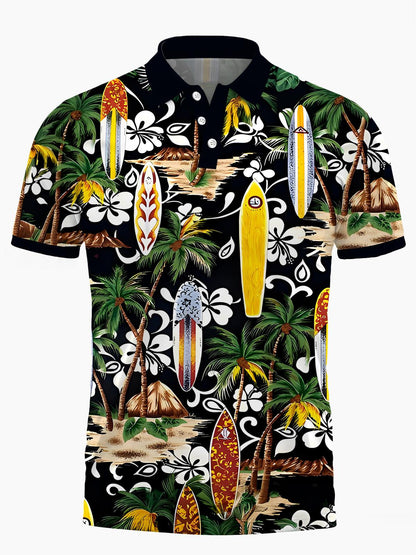 Hawaiian Coconut Tree Men's Short Sleeve Button Polo Shirt