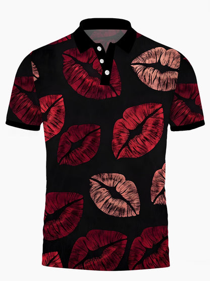 Lip Print Men's Short Sleeve Button Polo Shirt