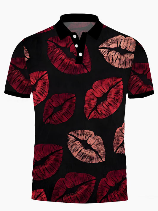 Lip Print Men's Short Sleeve Button Polo Shirt