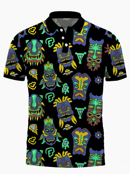 Tiki Print Men's Short Sleeve Button Polo Shirt
