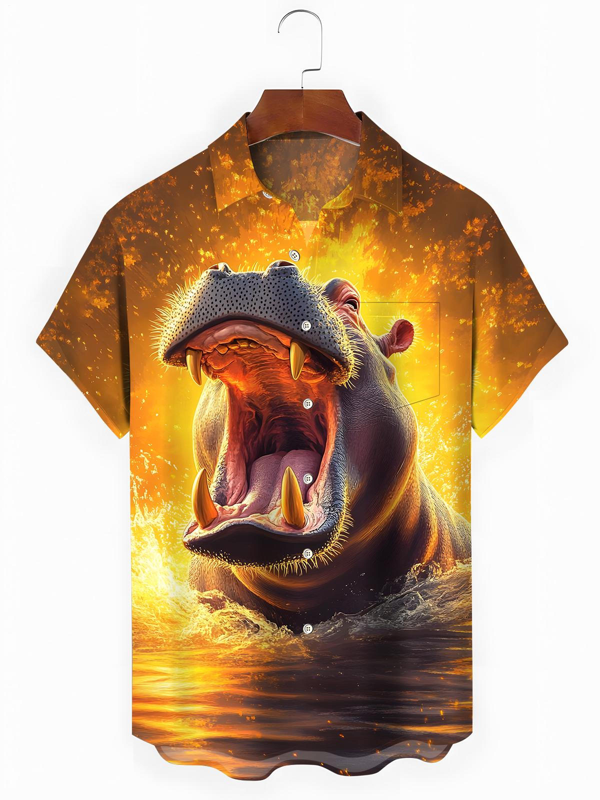 Hippo Print Men's Pocket Short Sleeve Shirts