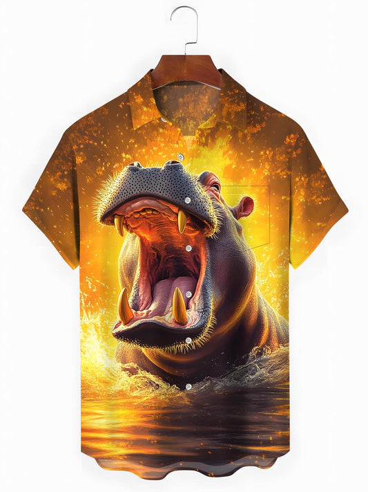 Hippo Print Men's Pocket Short Sleeve Shirts