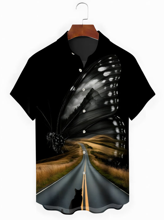 Butterfly Black Cat Print Men's Pocket Short Sleeve Shirts